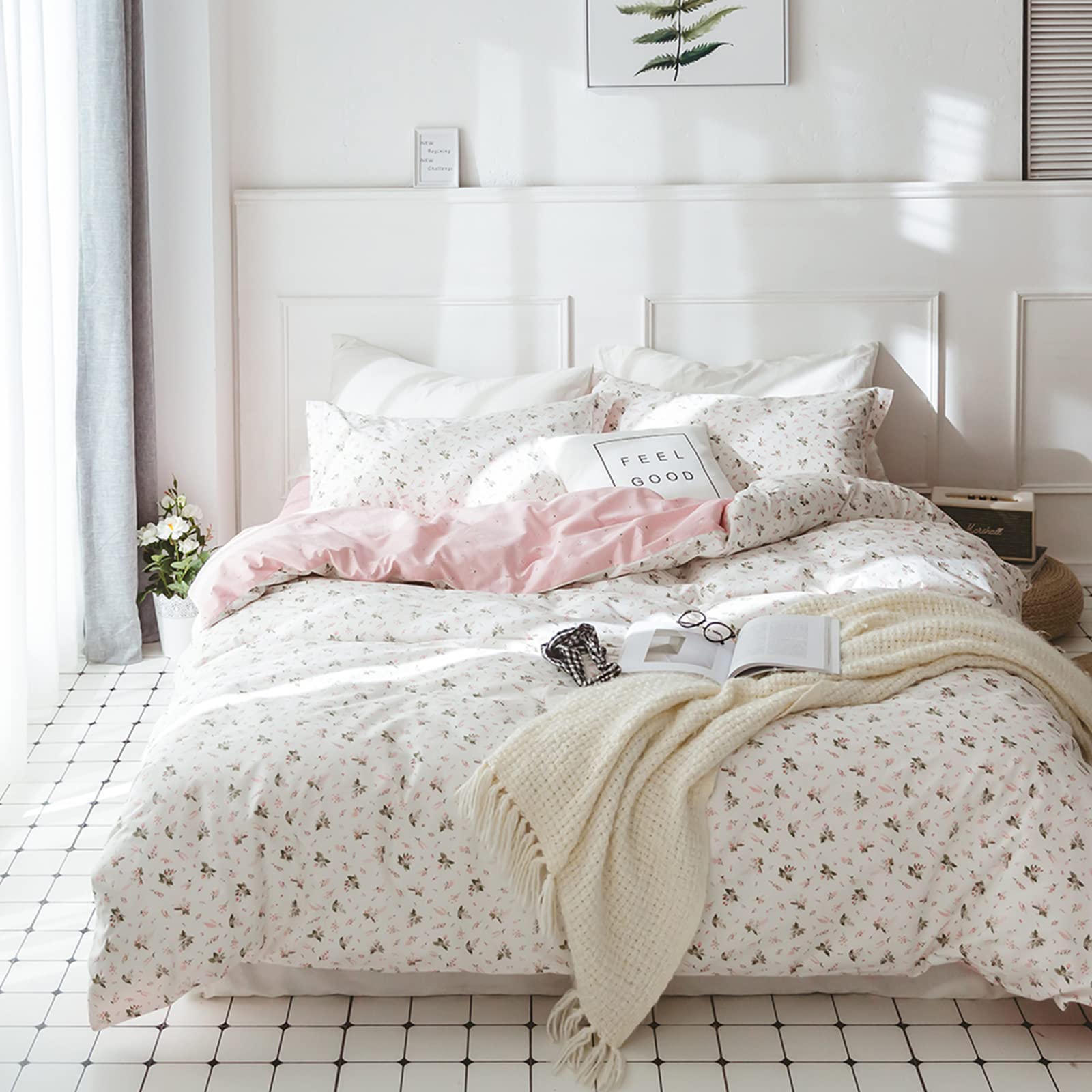 Highbuy Boho Floral Duvet Cover King Pink White Floral Cotton Coquette Bedding Comforter Covers King Lightweight Soft For Girl G